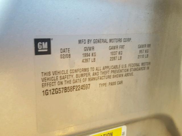 1G1ZG57B58F224597 - 2008 CHEVROLET MALIBU LS 银色 照片 10