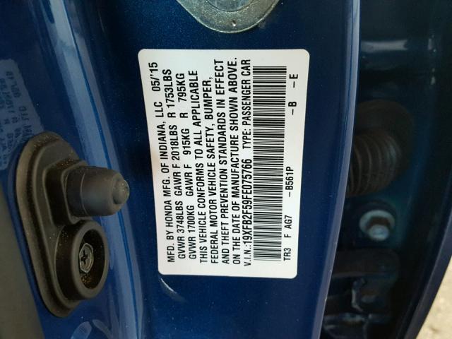 19XFB2F59FE075766 - 2015 HONDA CIVIC LX BLUE photo 10