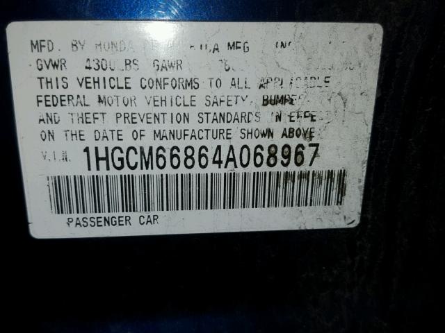 1HGCM66864A068967 - 2004 HONDA ACCORD EX BLUE photo 10