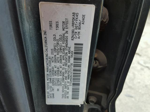 5TEGM92N13Z173756 - 2003 TOYOTA TACOMA DOU GREEN photo 10