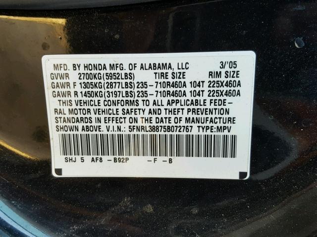 5FNRL38875B072767 - 2005 HONDA ODYSSEY TO BLACK photo 10