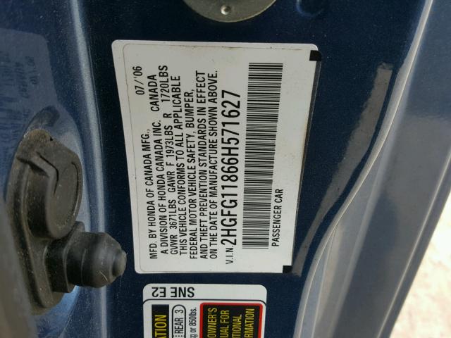 2HGFG11866H571627 - 2006 HONDA CIVIC EX BLUE photo 10