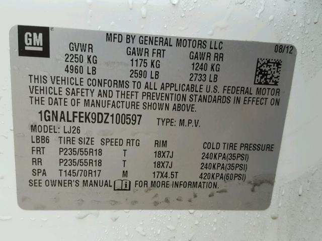 1GNALFEK9DZ100597 - 2013 CHEVROLET EQUINOX LT WHITE photo 10