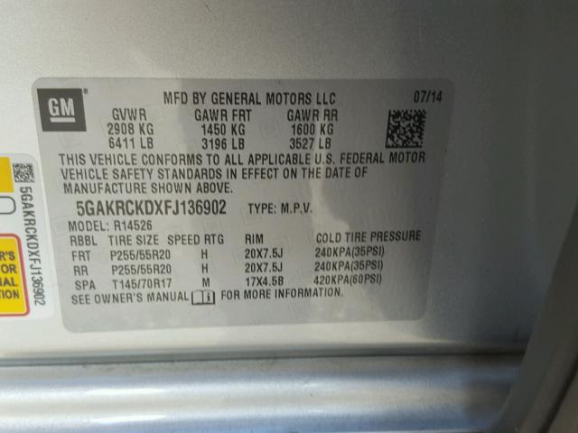 5GAKRCKDXFJ136902 - 2015 BUICK ENCLAVE GRAY photo 10