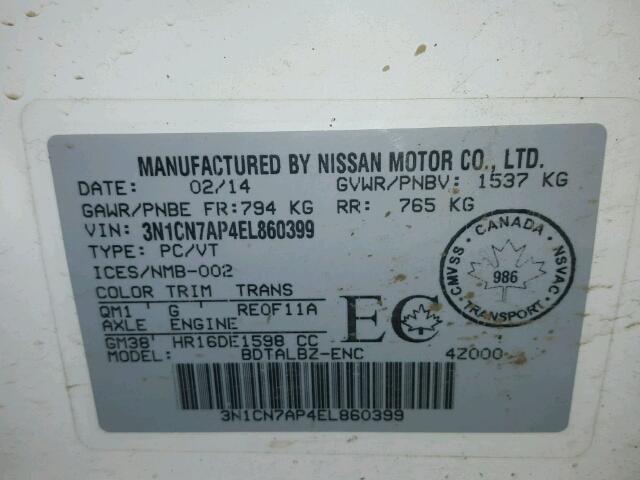 3N1CN7AP4EL860399 - 2014 NISSAN VERSA S WHITE photo 10