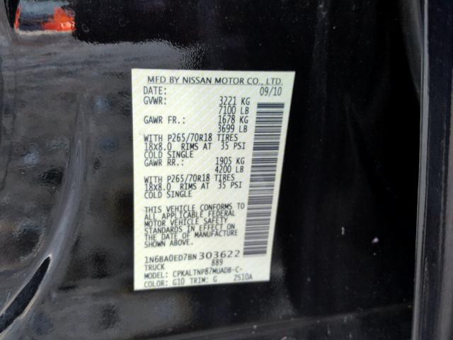 1N6BA0ED7BN303622 - 2011 NISSAN TITAN S BLACK photo 10