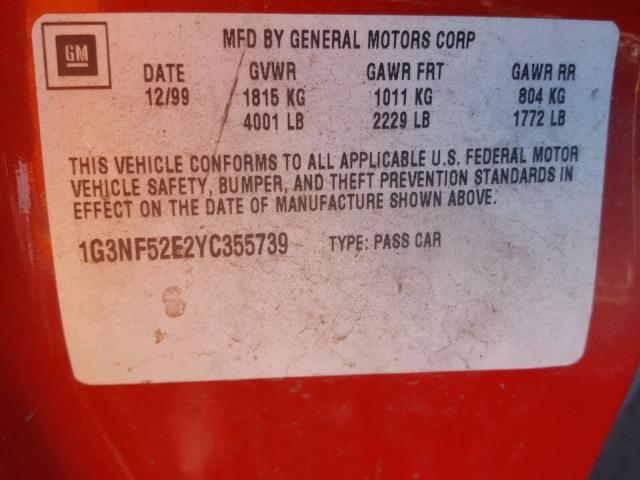 1G3NF52E2YC355739 - 2000 OLDSMOBILE ALERO GLS 红色 照片 10