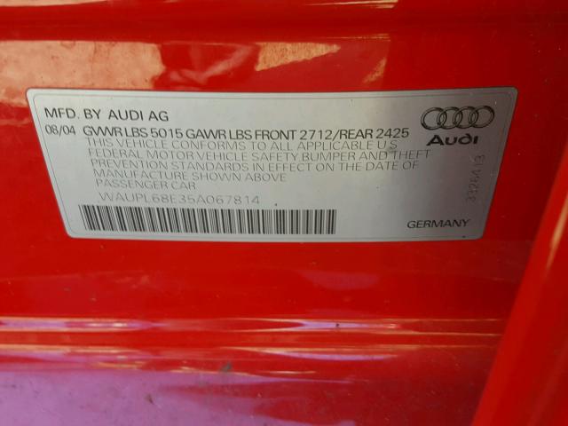 WAUPL68E35A067814 - 2005 AUDI S4 RED photo 10