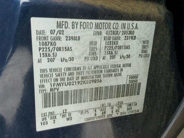 1FMYU02192KE09856 - 2002 FORD ESCAPE XLS BLUE photo 10