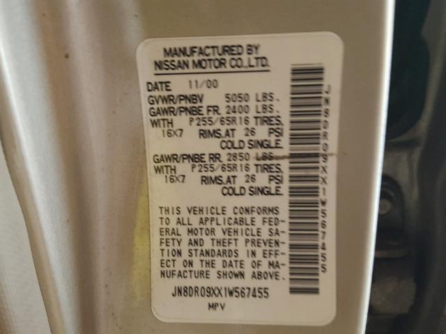 JN8DR09XX1W567455 - 2001 NISSAN PATHFINDER TAN photo 10