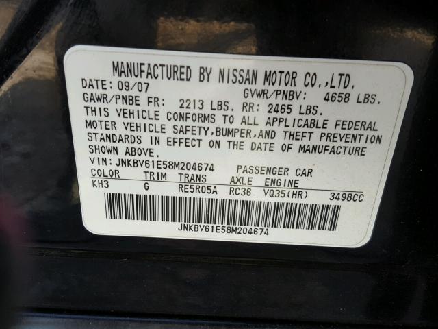 JNKBV61E58M204674 - 2008 INFINITI G35 BLACK photo 10