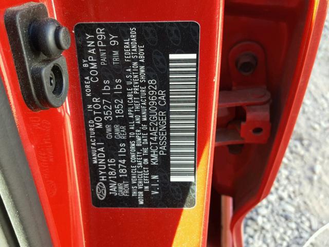 KMHCT4AE2GU096928 - 2016 HYUNDAI ACCENT SE RED photo 10