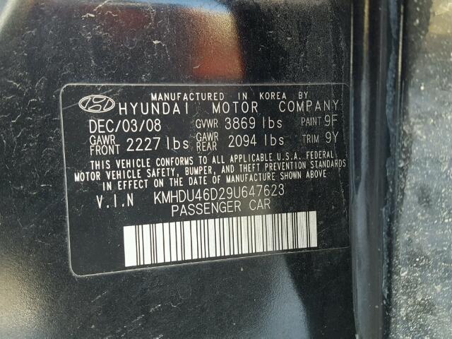 KMHDU46D29U647623 - 2009 HYUNDAI ELANTRA GL BLACK photo 10