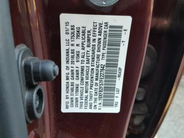 19XFB2F57FE227642 - 2015 HONDA CIVIC LX BURGUNDY photo 10