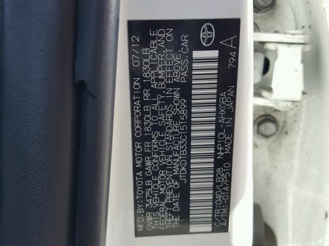 JTDKDTB33C1515899 - 2012 TOYOTA PRIUS C WHITE photo 10