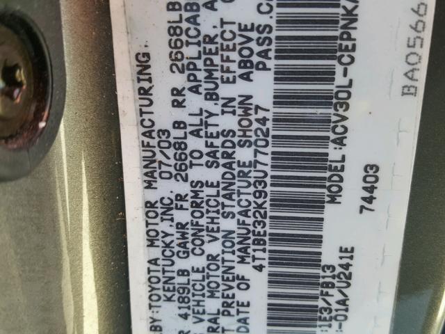 4T1BE32K93U770247 - 2003 TOYOTA CAMRY LE 灰色 照片 10