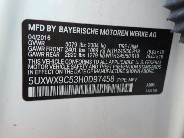 5UXWX9C53H0D97458 - 2017 BMW X3 XDRIVE2 WHITE photo 10