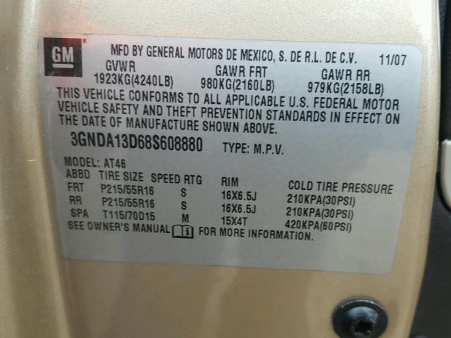 3GNDA13D68S608880 - 2008 CHEVROLET HHR LS GOLD photo 10