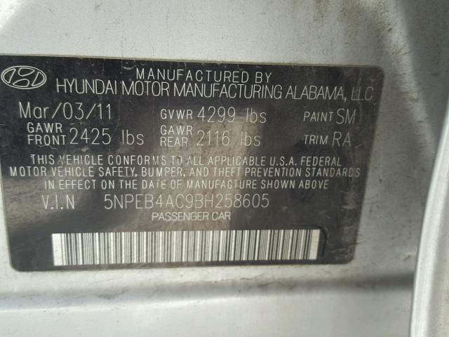 5NPEB4AC9BH258605 - 2011 HYUNDAI SONATA GLS SILVER photo 10