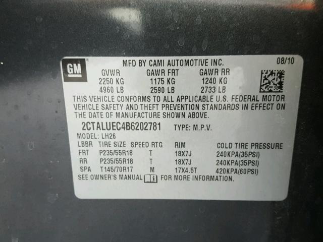 2CTALUEC4B6202781 - 2011 GMC TERRAIN SL CHARCOAL photo 10