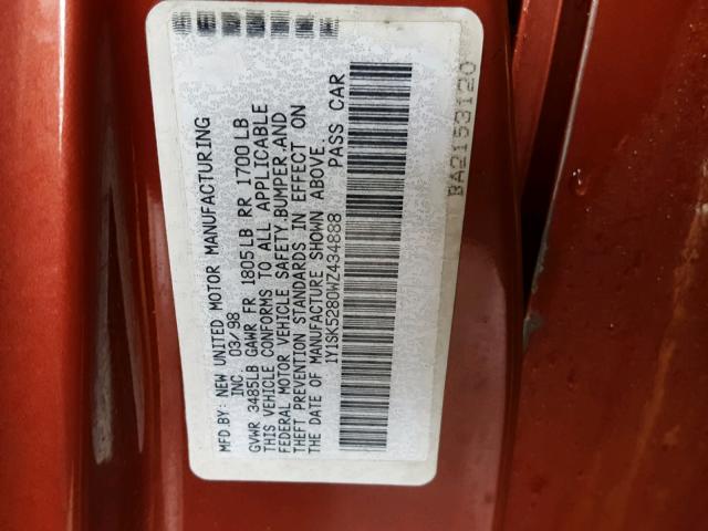 1Y1SK5280WZ434888 - 1998 CHEVROLET GEO PRIZM 红色 照片 10