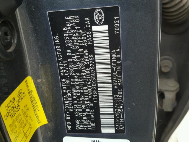 4T1BF3EK5BU757759 - 2011 TOYOTA CAMRY BASE CHARCOAL photo 10