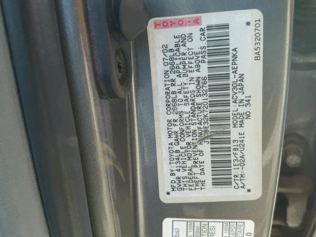 JTDBE32K720132766 - 2002 TOYOTA CAMRY LE GRAY photo 10