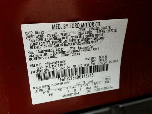 1FAHP2F88DG148245 - 2013 FORD TAURUS LIM RED photo 10