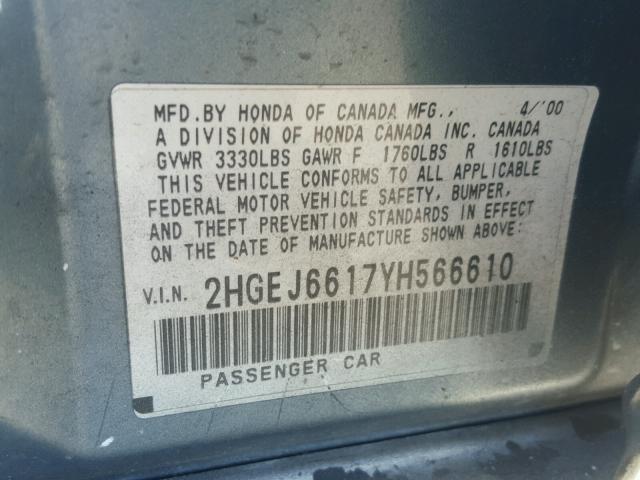 2HGEJ6617YH566610 - 2000 HONDA CIVIC BASE GRAY photo 10