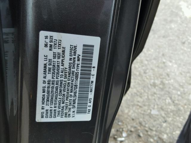 5FNRL5H67GB114805 - 2016 HONDA ODYSSEY EX CHARCOAL photo 10