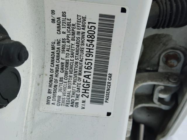 2HGFA16519H548051 - 2009 HONDA CIVIC LX WHITE photo 10