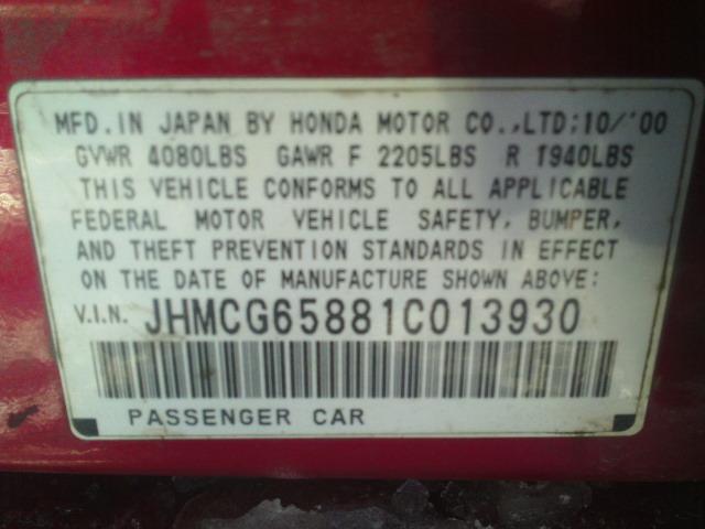 JHMCG65881C013930 - 2001 HONDA ACCORD EX RED photo 10