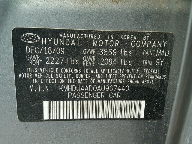 KMHDU4AD0AU967440 - 2010 HYUNDAI ELANTRA BL GRAY photo 10