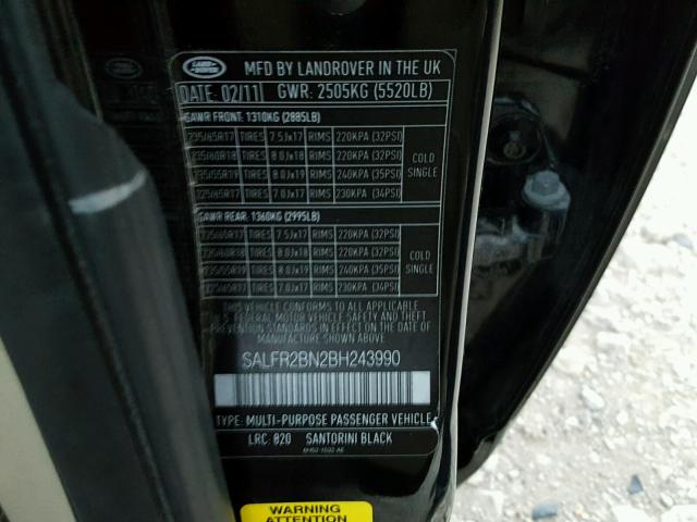 SALFR2BN2BH243990 - 2011 LAND ROVER LR2 HSE BLACK photo 10