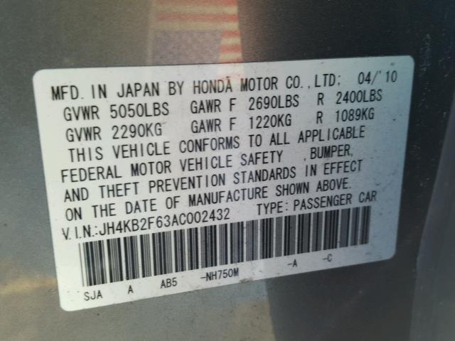 JH4KB2F63AC002432 - 2010 ACURA RL GRAY photo 10