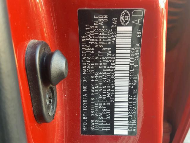 2T1BU4EE0BC588404 - 2011 TOYOTA COROLLA BA RED photo 10