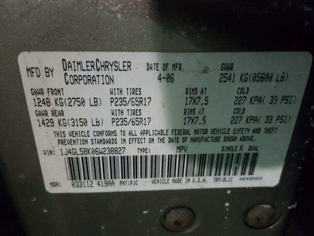 1J4GL58K06W238827 - 2006 JEEP LIBERTY LI GOLD photo 10