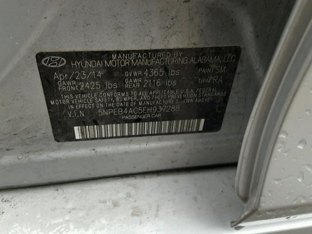 5NPEB4AC5EH937288 - 2014 HYUNDAI SONATA GLS SILVER photo 10