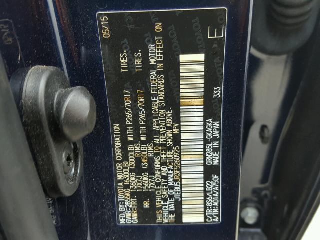 JTEBU5JR3F5260925 - 2015 TOYOTA 4RUNNER SR BLUE photo 10