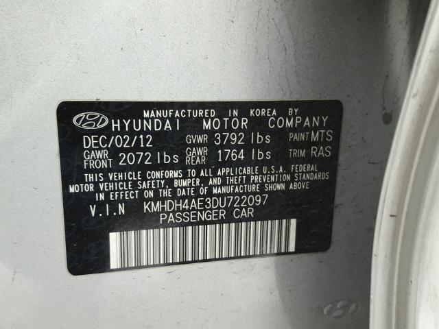 KMHDH4AE3DU722097 - 2013 HYUNDAI ELANTRA GL SILVER photo 10