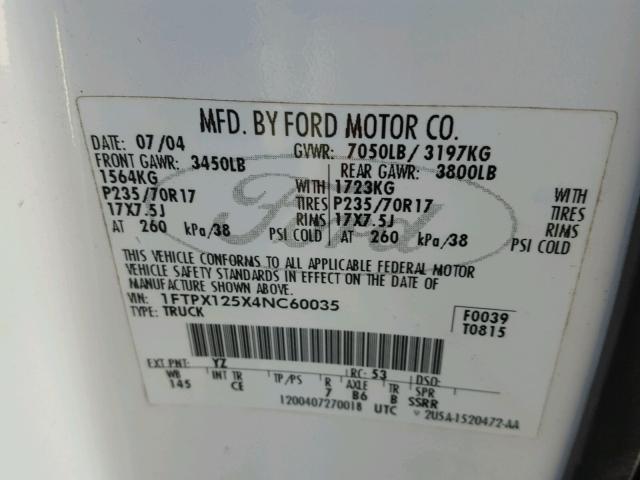 1FTPX125X4NC60035 - 2004 FORD F150 WHITE photo 10