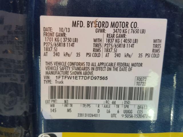 1FTFW1ET7DFD97565 - 2013 FORD F150 SUPER BLUE photo 10