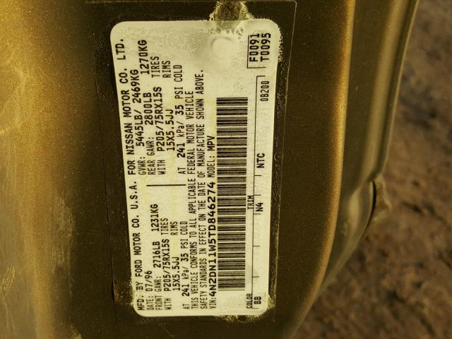 4N2DN11W5TD846274 - 1996 NISSAN QUEST XE BROWN photo 10