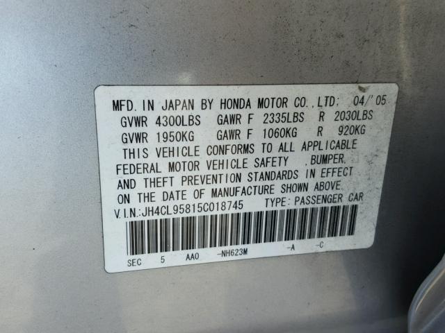 JH4CL95815C018745 - 2005 ACURA TSX SILVER photo 10