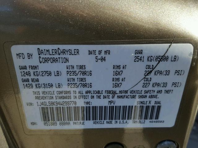 1J4GL58K94W299770 - 2004 JEEP LIBERTY LI GOLD photo 10