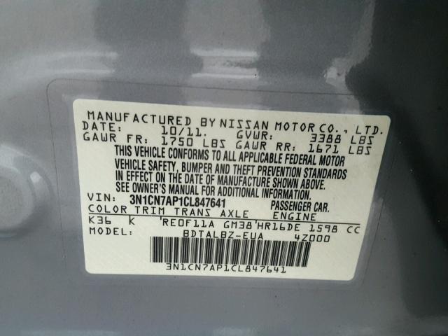 3N1CN7AP1CL847641 - 2012 NISSAN VERSA S GRAY photo 10