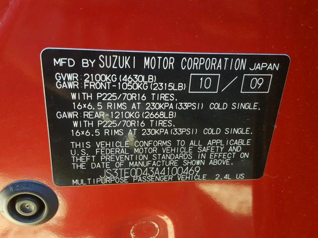 JS3TE0D43A4100469 - 2010 SUZUKI GRAND VITA RED photo 10