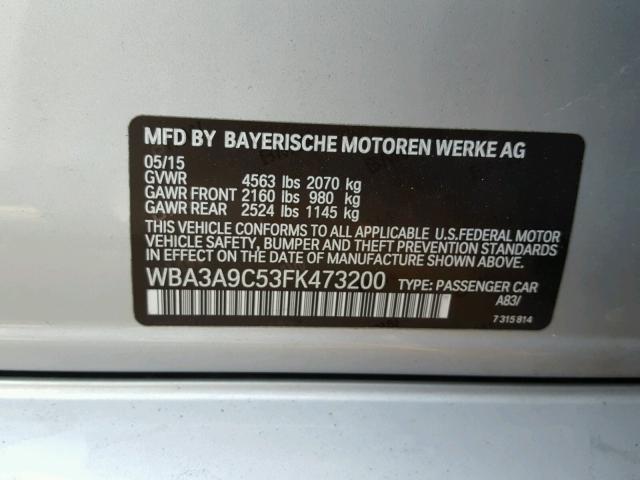 WBA3A9C53FK473200 - 2015 BMW 335 I SILVER photo 10