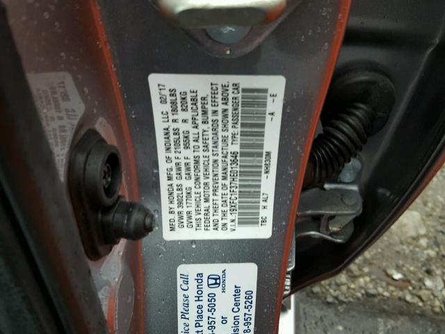 19XFC1F37HE013646 - 2017 HONDA CIVIC EX ვერცხლისფერი ფოტო 10