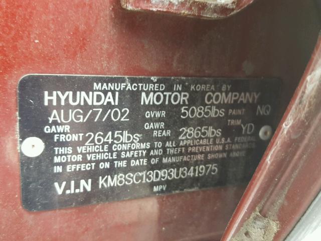 KM8SC13D93U341975 - 2003 HYUNDAI SANTA FE G BURGUNDY photo 10